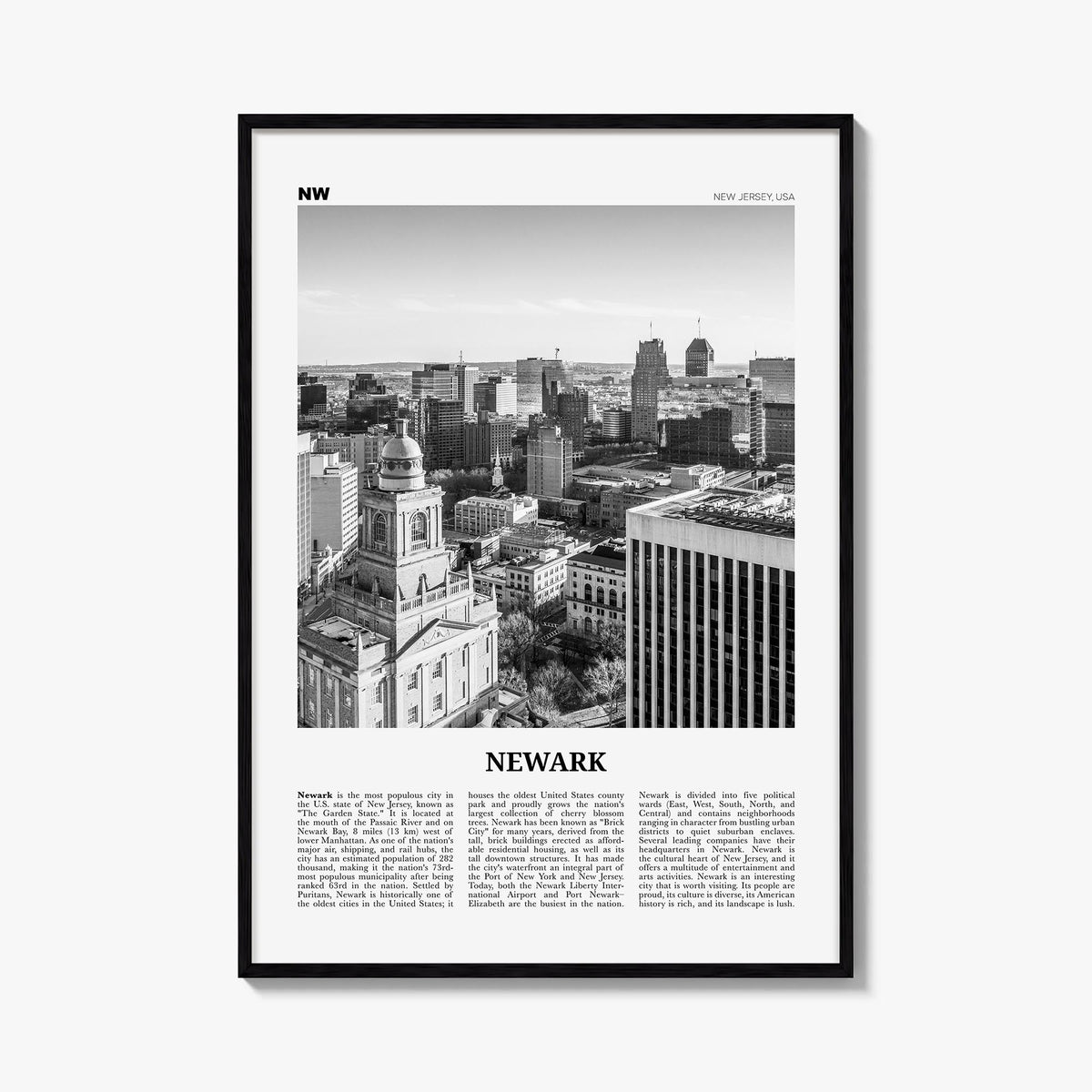 Newark black & white newspaper poster of New Jersey, USA – vertical wall art, unframed print shown in interior mockup