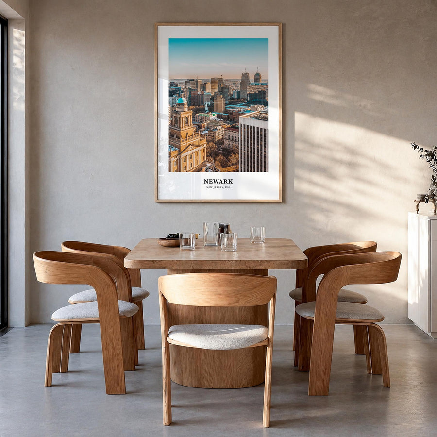 Newark colorful classic poster of New Jersey, USA – vertical wall art in natural wood frame, hanging on wall