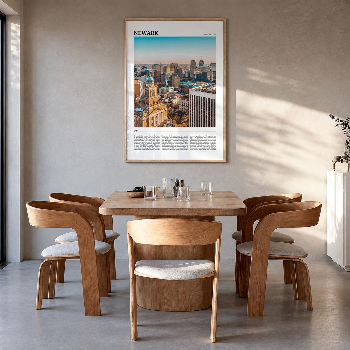 Newark colorful travel poster of New Jersey, USA – vertical wall art in natural wood frame, hanging on wall