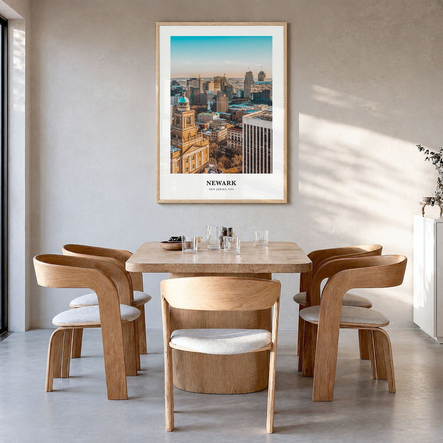 Newark Classic Poster in a natural wood frame, hanging in a dining room