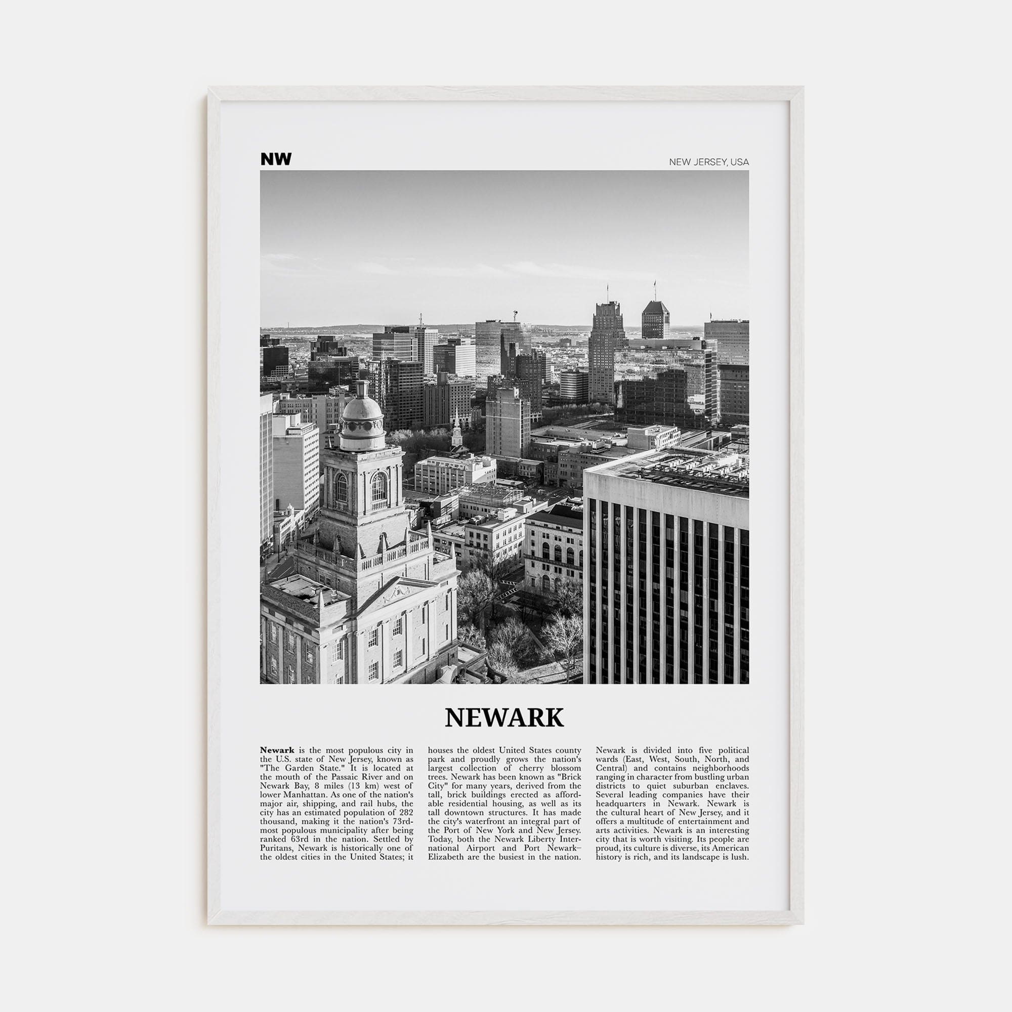 Newark Poster White Wood / 8x12 in Nbourhood Travel B&W Poster