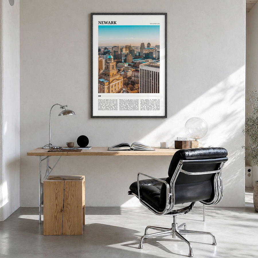 Newark Travel Poster in a black wood frame, hanging in a bright home office