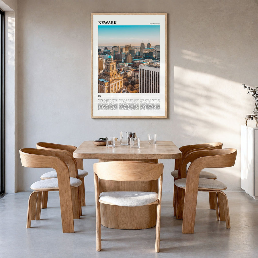 Newark Travel Poster in a natural wood frame, hanging in a dining room