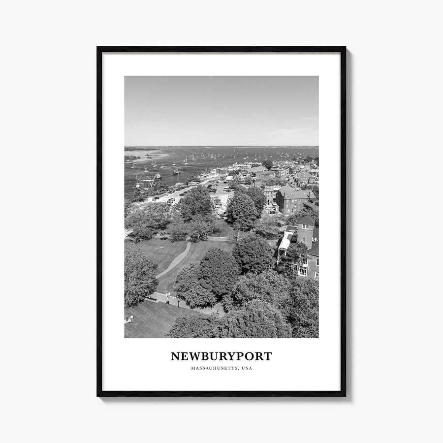 Newburyport black & white classic poster of Massachusetts, USA – vertical wall art, unframed print shown in interior mockup