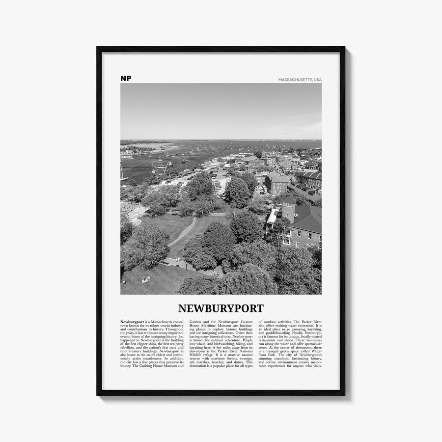 Newburyport black & white newspaper poster of Massachusetts, USA – vertical wall art, unframed print shown in interior mockup