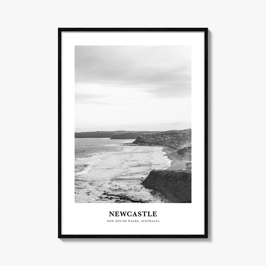 Newcastle, Australia black & white classic poster of Australia – vertical wall art, unframed print shown in interior mockup