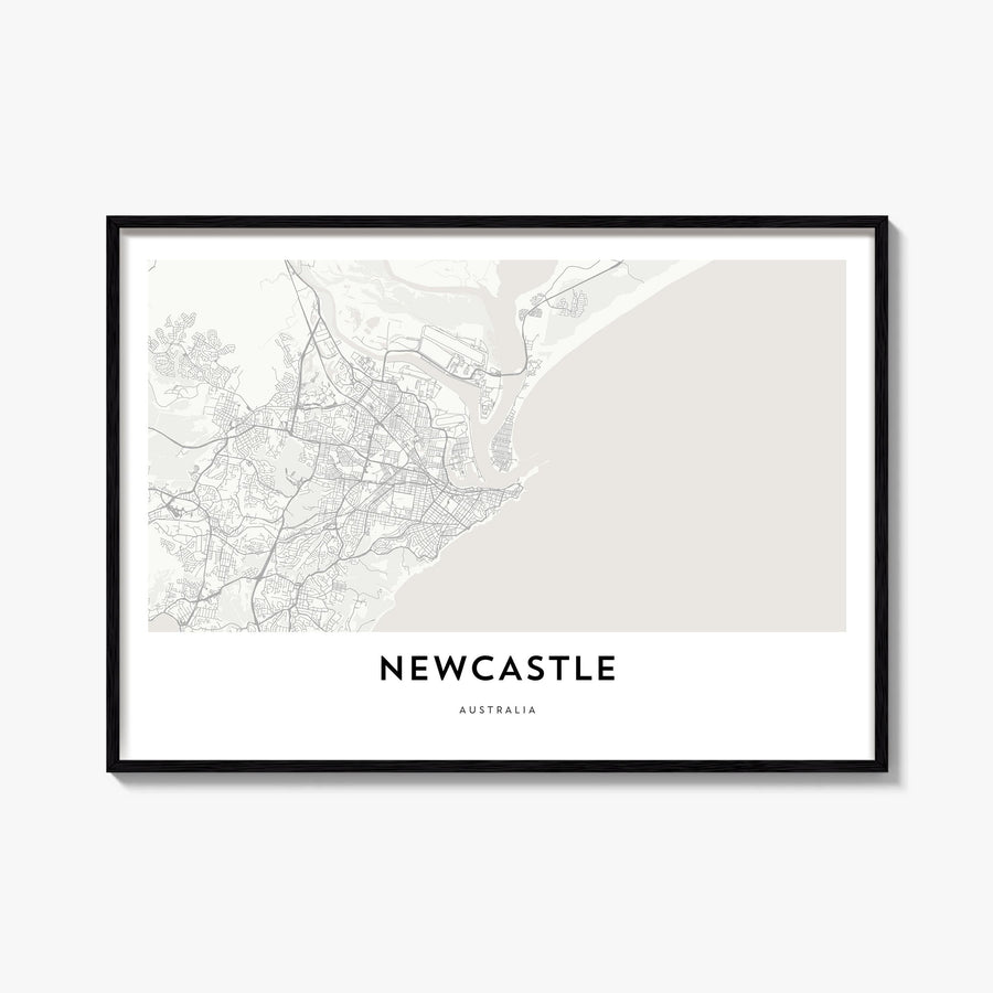 Newcastle, Australia black & white map poster of Australia – horizontal wall art, unframed print shown in interior mockup