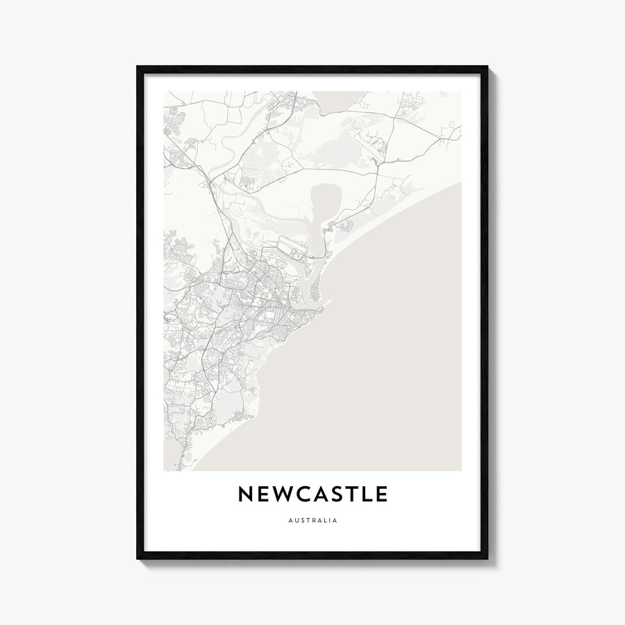 Newcastle, Australia black & white map poster of Australia – vertical wall art, unframed print shown in interior mockup
