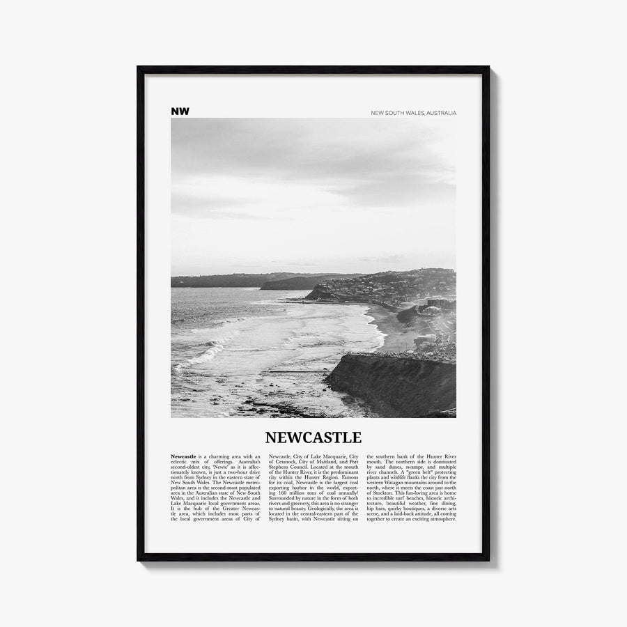 Newcastle, Australia black & white newspaper poster of Australia – vertical wall art, unframed print shown in interior mockup