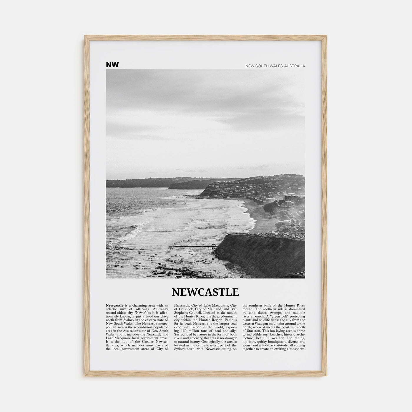 Newcastle, Australia Poster Natural Wood / 8x12 in Nbourhood Travel B&W Poster