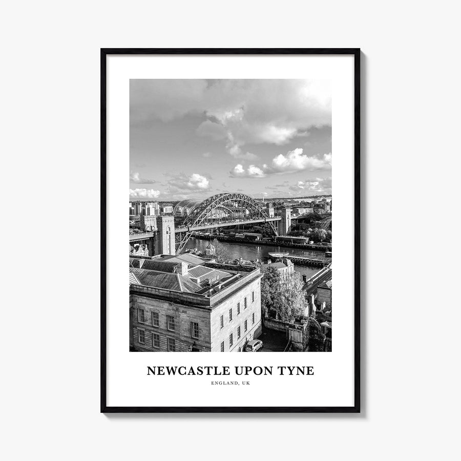 Newcastle upon Tyne black & white classic poster of England, UK – vertical wall art, unframed print shown in interior mockup