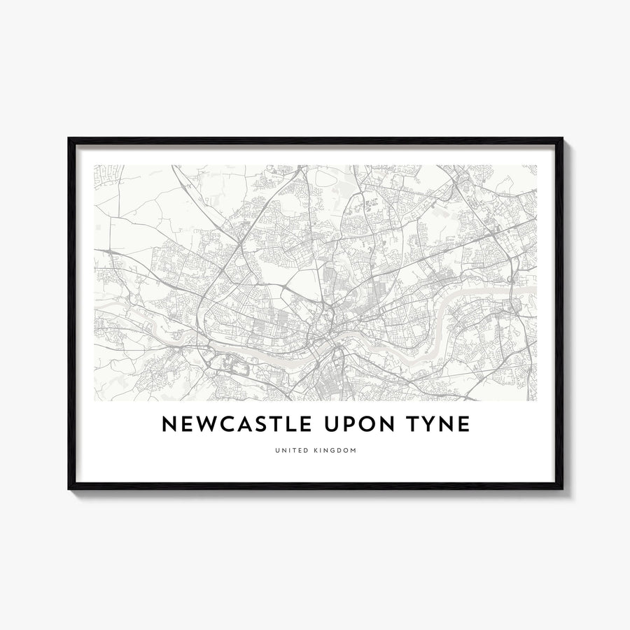 Newcastle upon Tyne black & white map poster of England, UK – horizontal wall art, unframed print shown in interior mockup