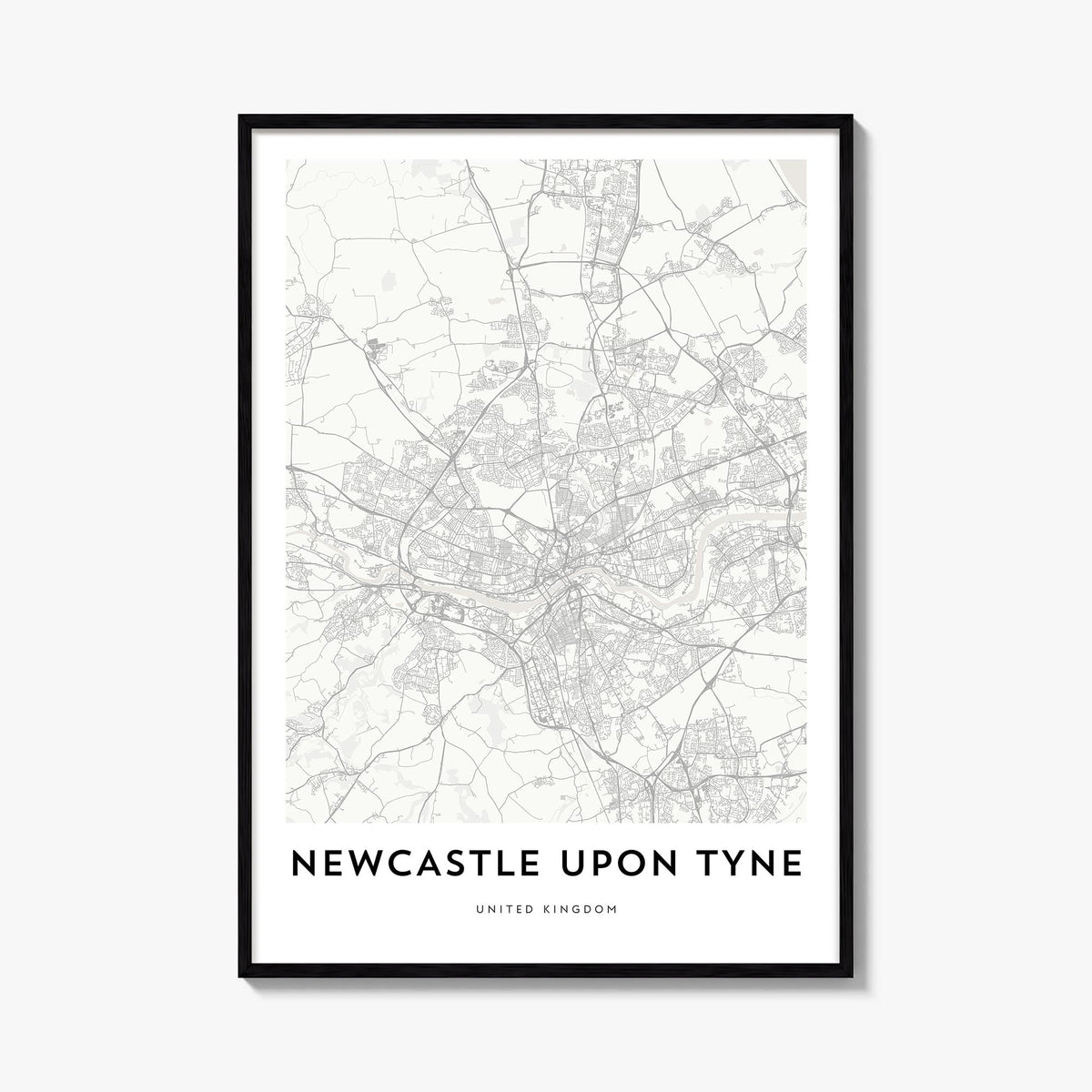 Newcastle upon Tyne black & white map poster of England, UK – vertical wall art, unframed print shown in interior mockup