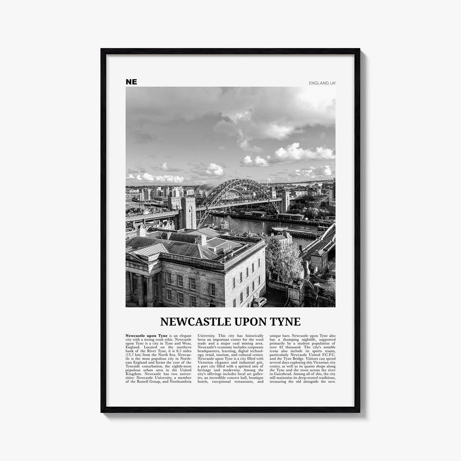 Newcastle upon Tyne black & white newspaper poster of England, UK – vertical wall art, unframed print shown in interior mocku