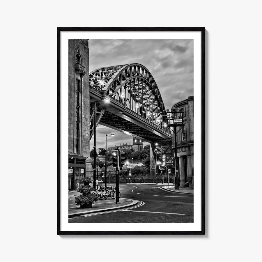 Newcastle upon Tyne black & white photo poster of England, UK – vertical wall art, unframed print shown in interior mockup