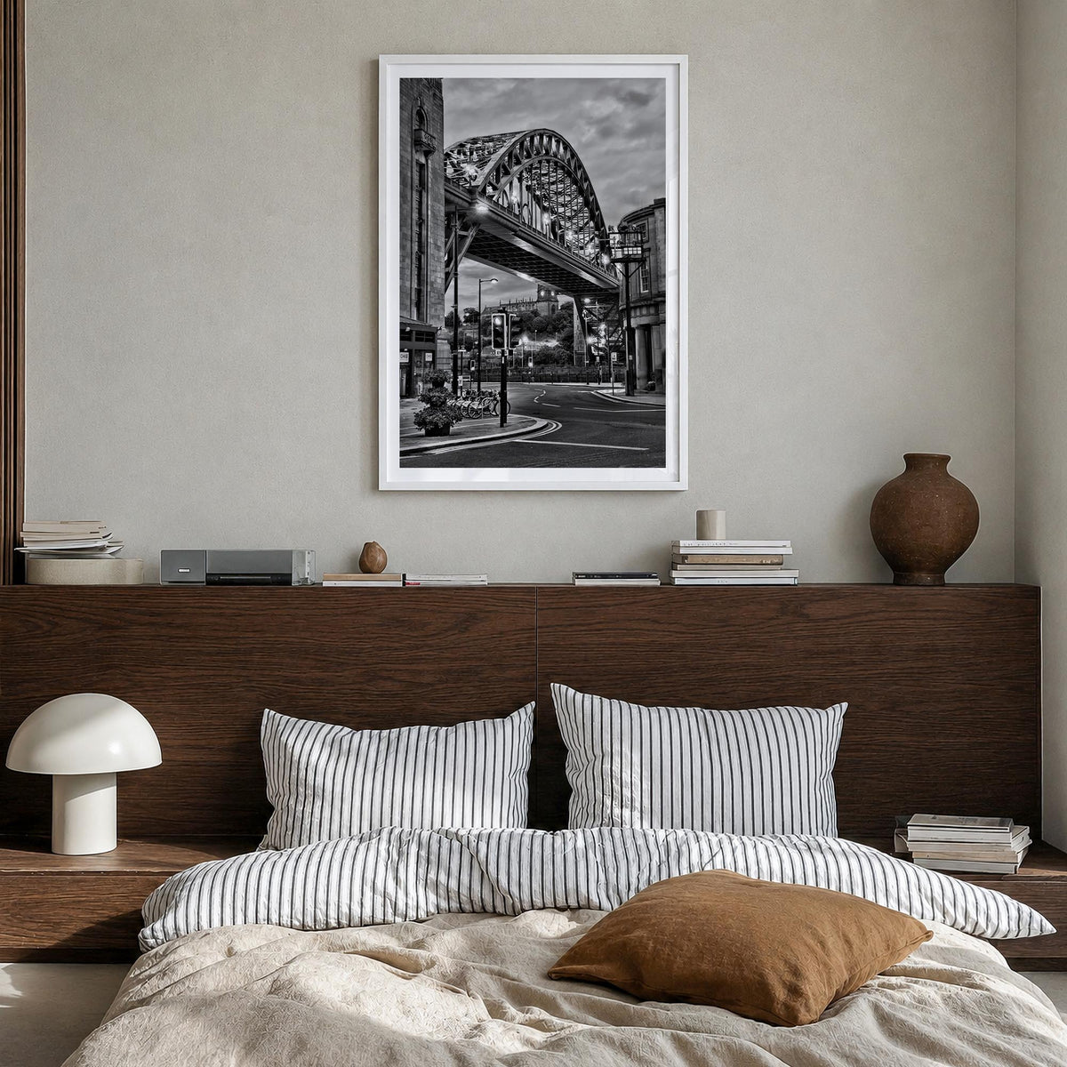 Newcastle upon Tyne black & white photo poster of England, UK – vertical wall art in white wood frame with white border, hang