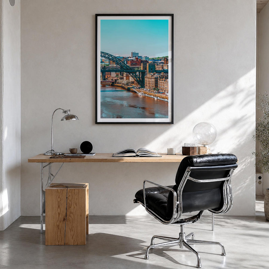Newcastle upon Tyne colorful photo poster of England, UK – vertical wall art in black wood frame with white border, hanging o