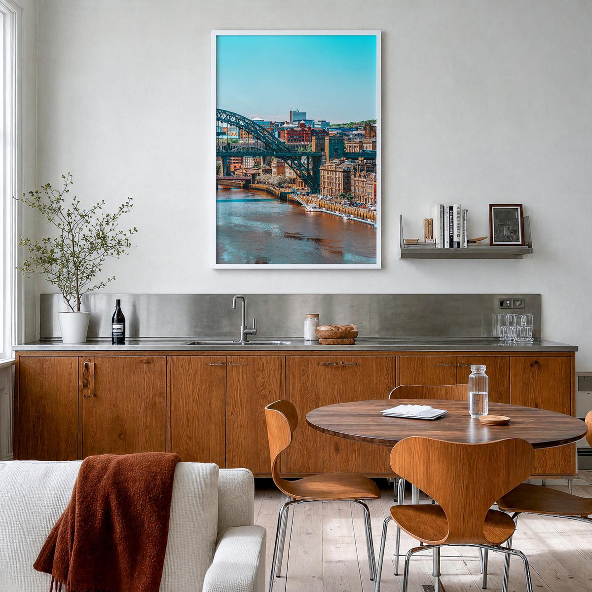 Newcastle upon Tyne colorful photo poster of England, UK – vertical wall art in white wood frame, hanging on wall