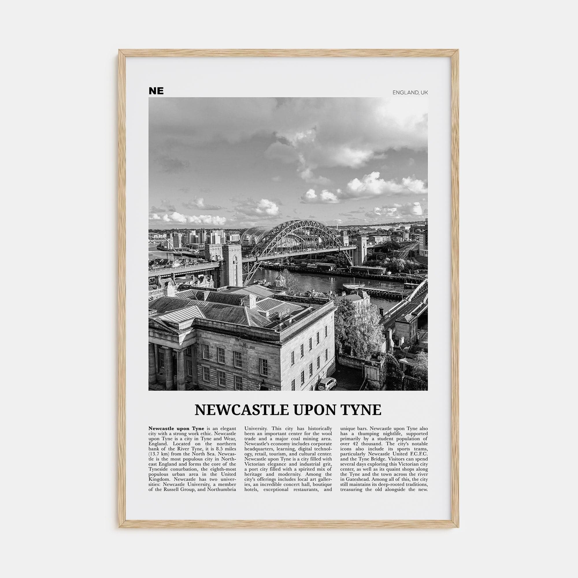 Newcastle upon Tyne Poster Natural Wood / 8x12 in Nbourhood Travel B&W Poster