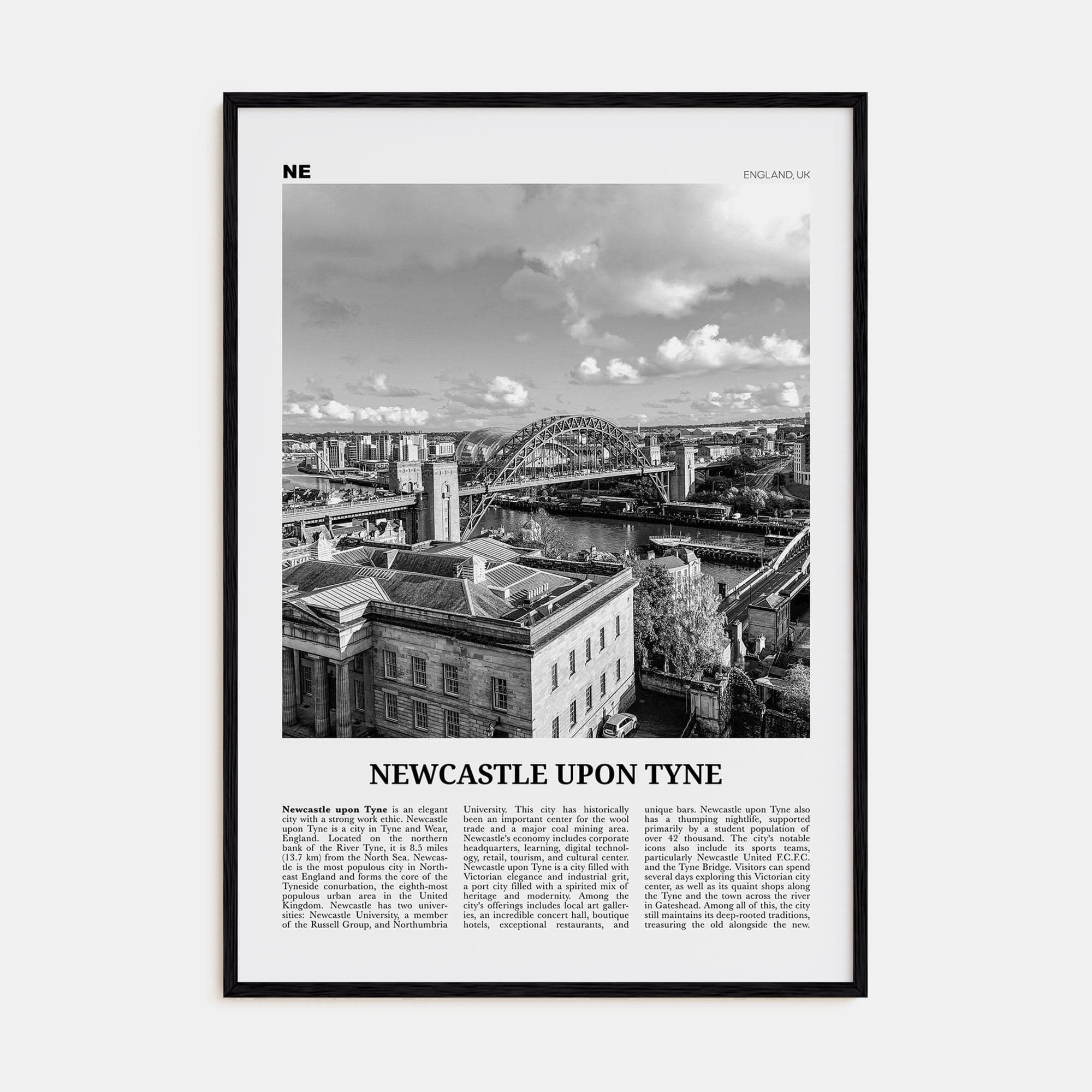 Newcastle upon Tyne Poster Black Wood / 8x12 in Nbourhood Travel B&W Poster