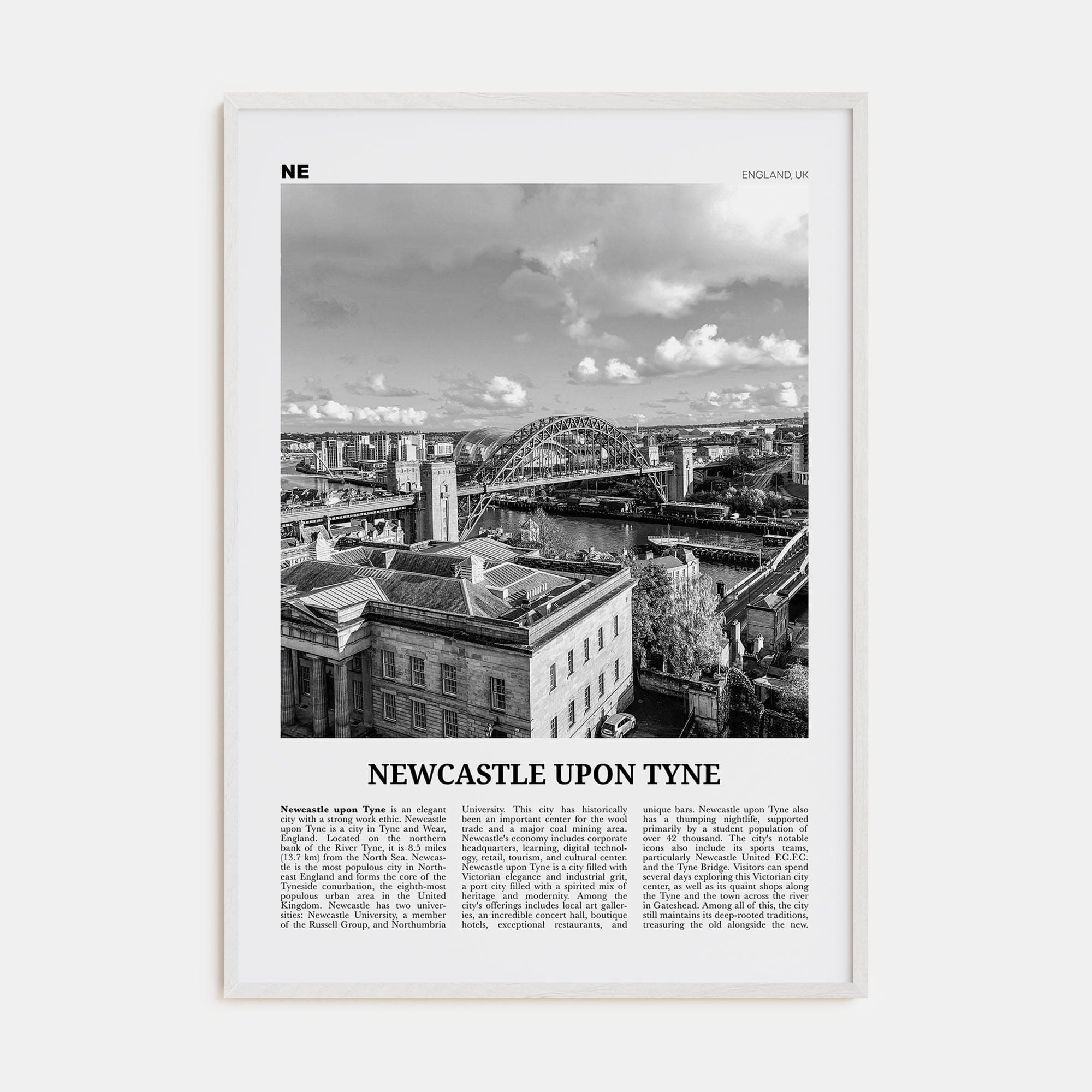 Newcastle upon Tyne Poster White Wood / 8x12 in Nbourhood Travel B&W Poster