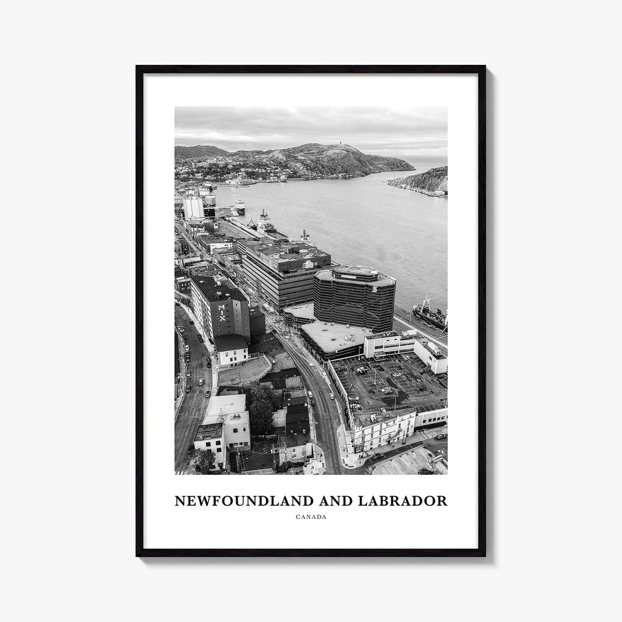 Newfoundland and Labrador black & white classic poster of Canada – vertical wall art, unframed print shown in interior mockup