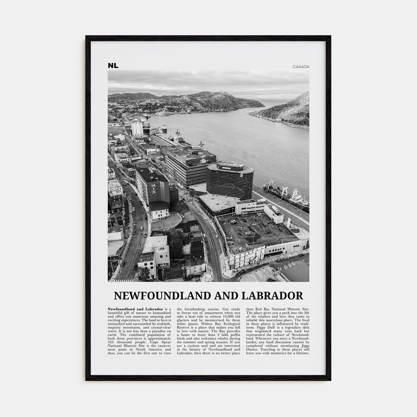 Newfoundland and Labrador Poster Black Wood / 8x12 in Nbourhood Travel B&W Poster