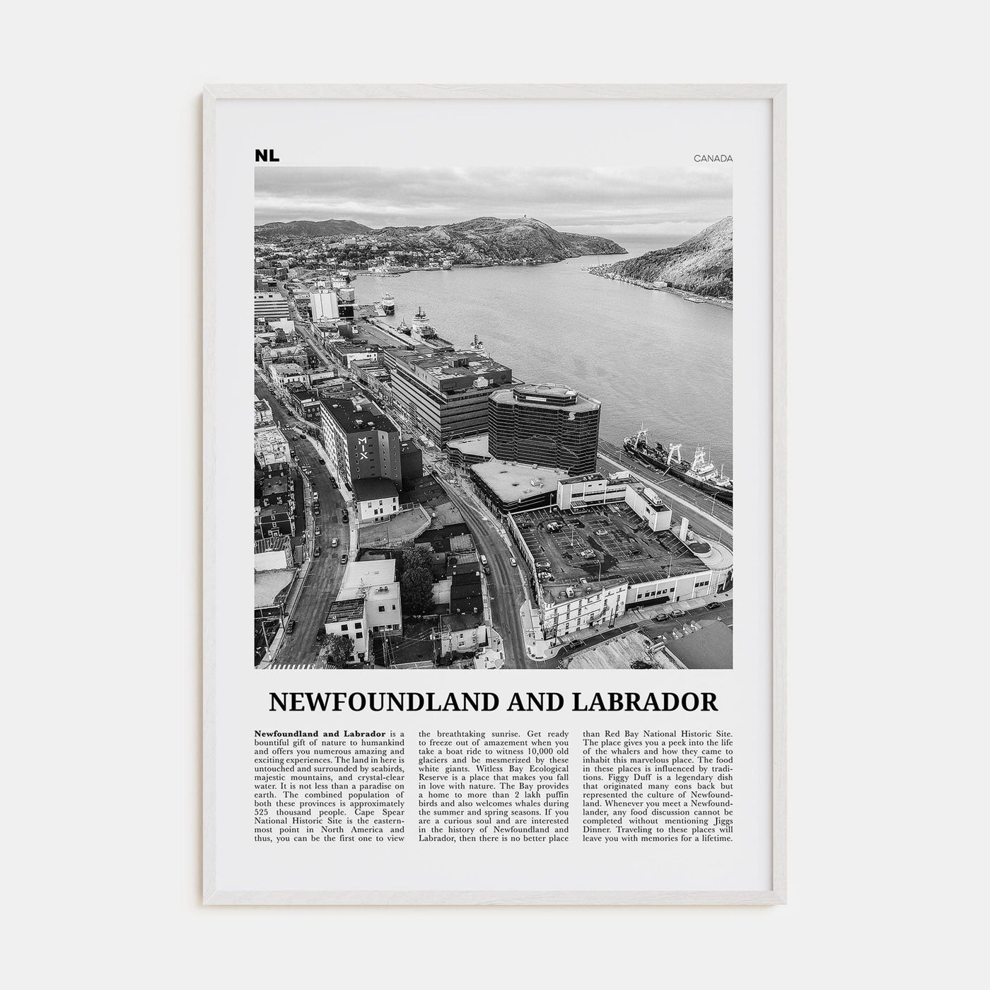 Newfoundland and Labrador Poster White Wood / 8x12 in Nbourhood Travel B&W Poster