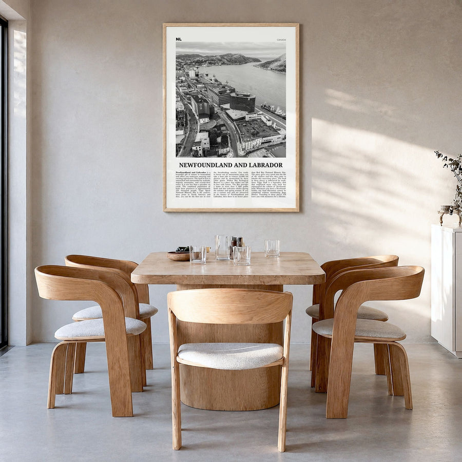 Newfoundland and Labrador Newspaper Poster in a natural wood frame, hanging in a dining room