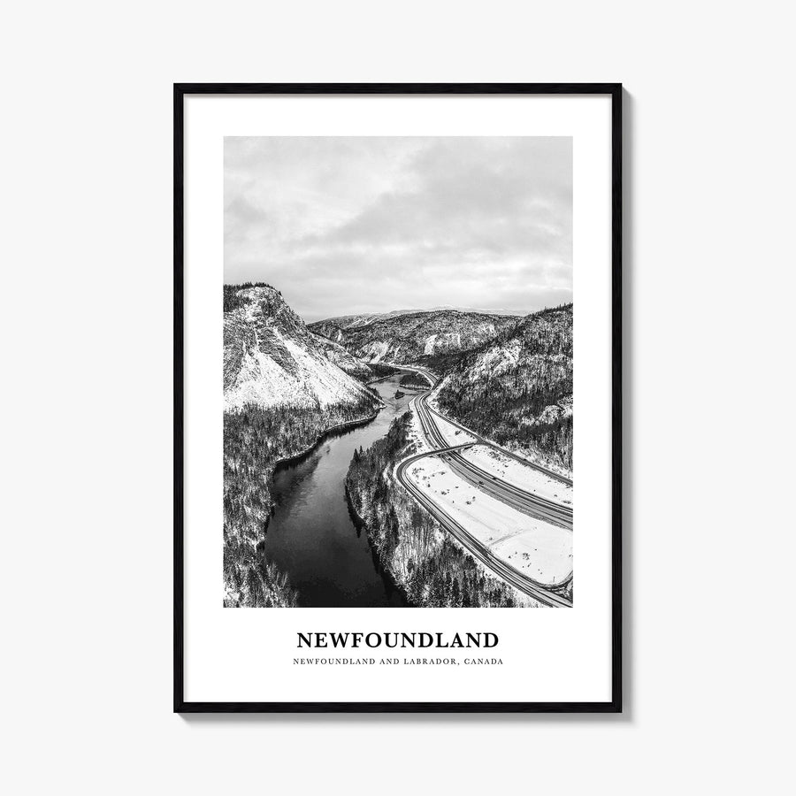 Newfoundland black & white classic poster of Newfoundland and Labrador, Canada – vertical wall art, unframed print shown in i