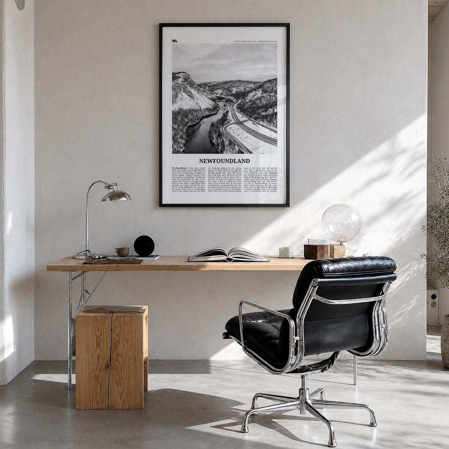 Newfoundland black & white newspaper poster of Newfoundland and Labrador, Canada – vertical wall art in black wood frame, han