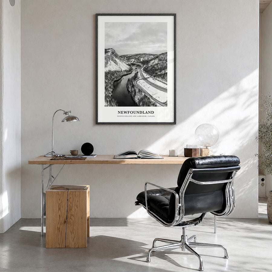 Newfoundland Classic Poster in a black wood frame, hanging in a bright home office