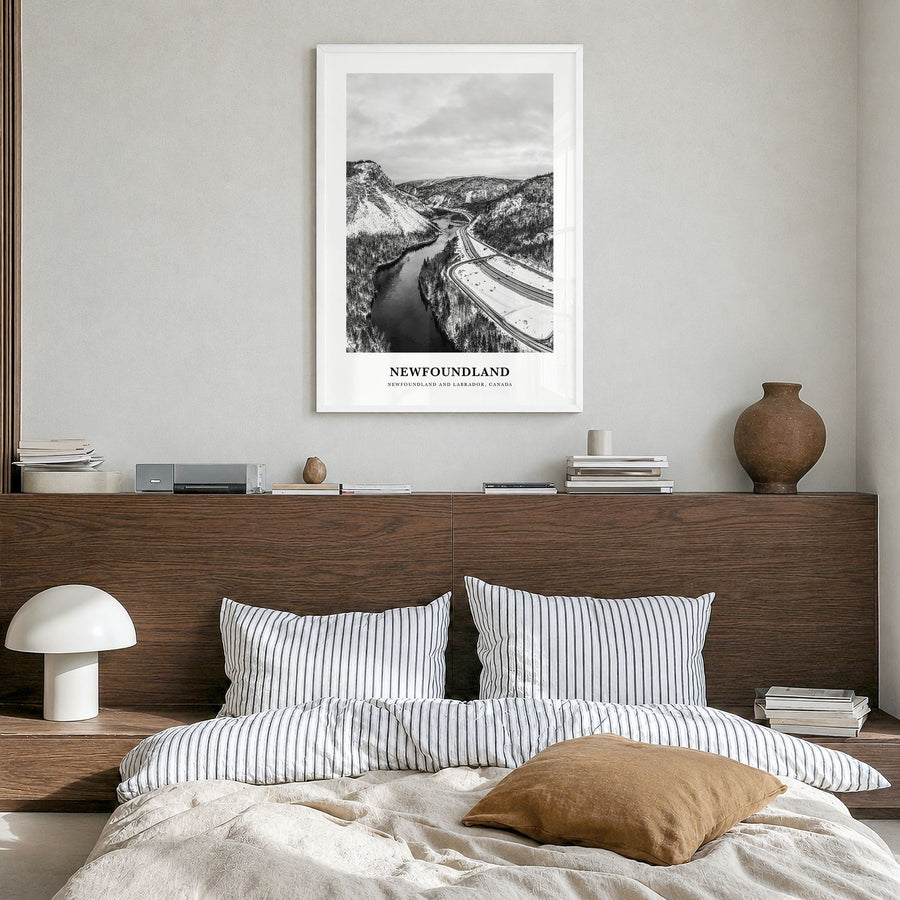 Newfoundland Classic Poster in a white wood frame, hanging in a bedroom