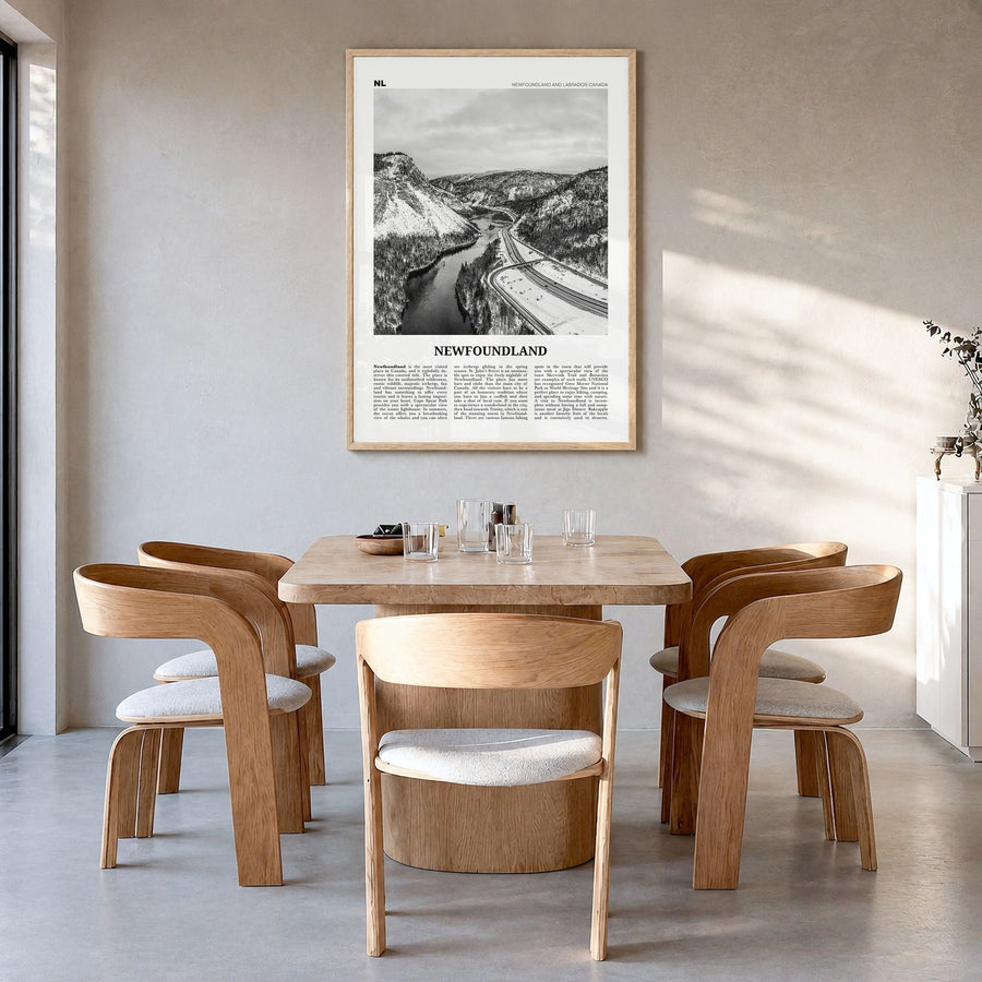 Newfoundland Newspaper Poster in a natural wood frame, hanging in a dining room
