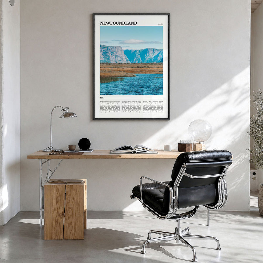Newfoundland Travel Poster in a black wood frame, hanging in a bright home office
