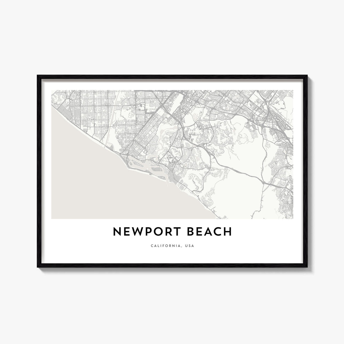 Newport Beach black & white map poster of California, USA – horizontal wall art, unframed print shown in interior mockup