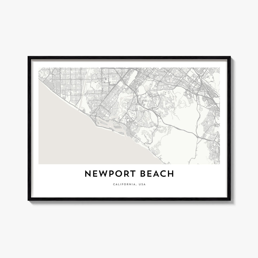 Newport Beach black & white map poster of California, USA – horizontal wall art, unframed print shown in interior mockup