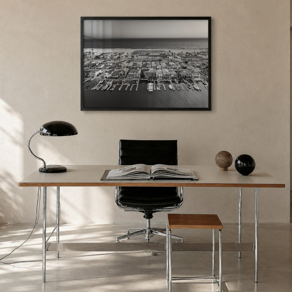 Newport Beach black & white photo poster of California, USA – horizontal wall art in black wood frame, hanging on wall