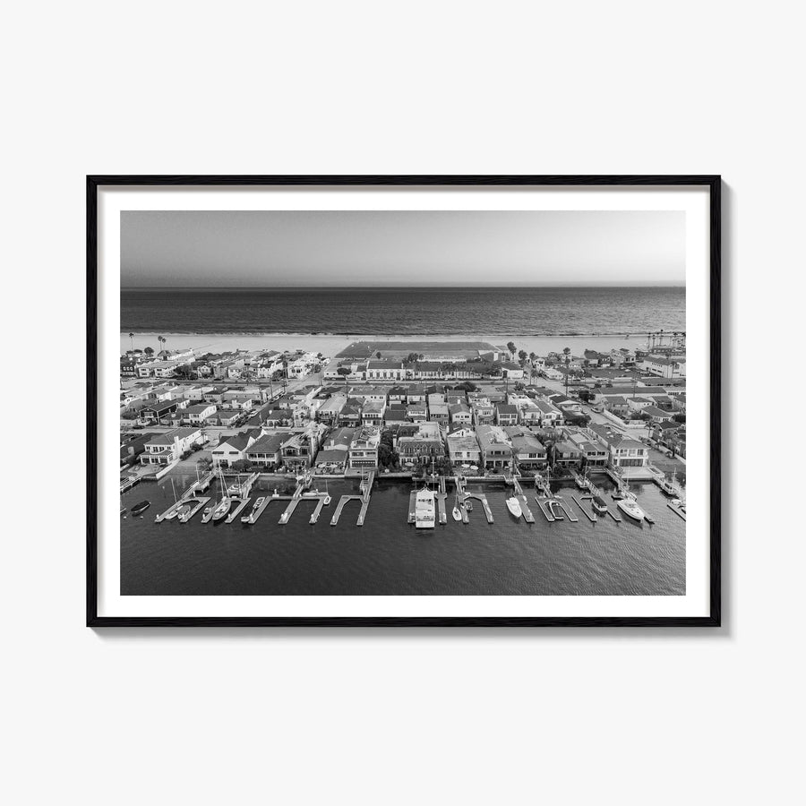Newport Beach black & white photo poster of California, USA – horizontal wall art, unframed print shown in interior mockup