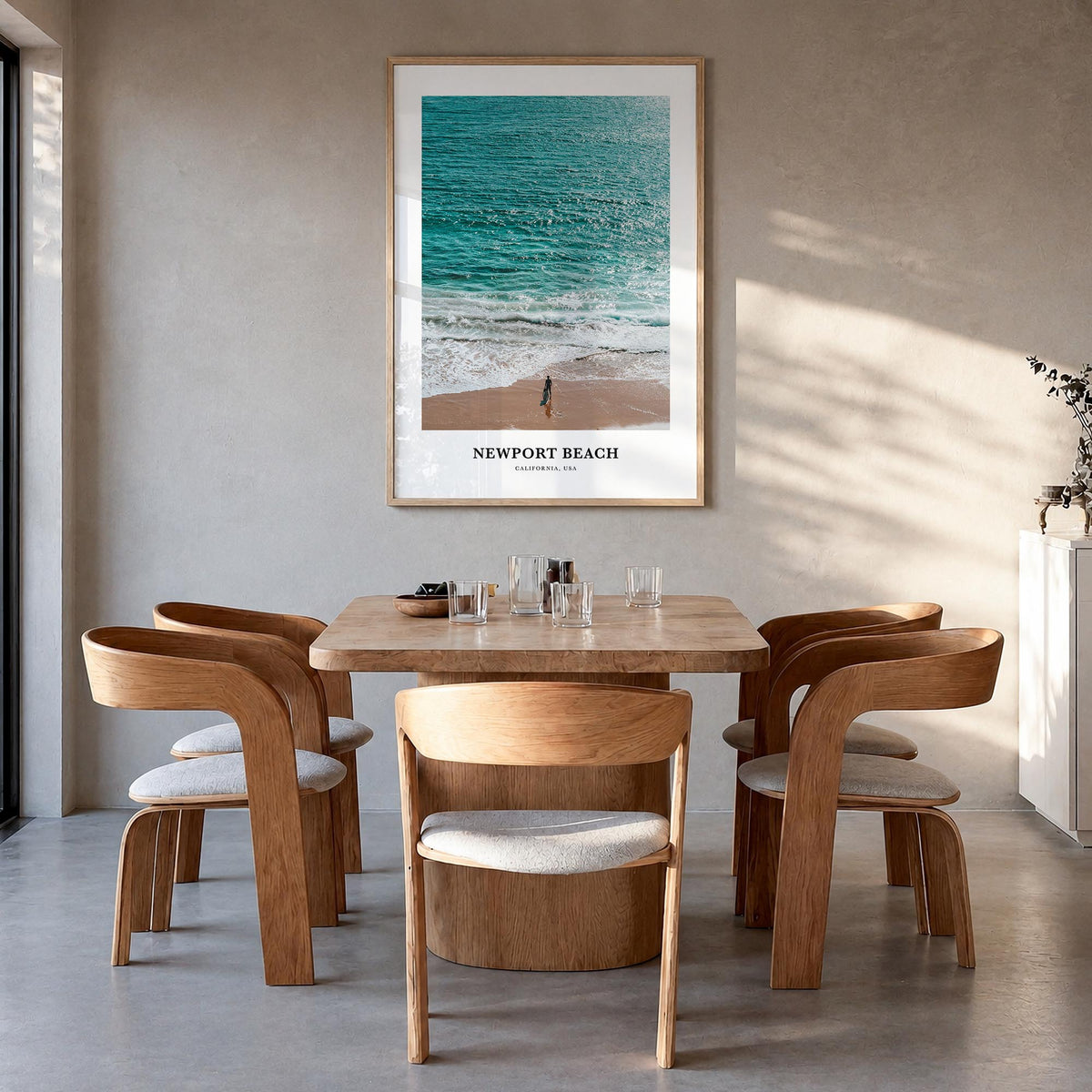Newport Beach colorful classic poster of California, USA – vertical wall art in natural wood frame, hanging on wall