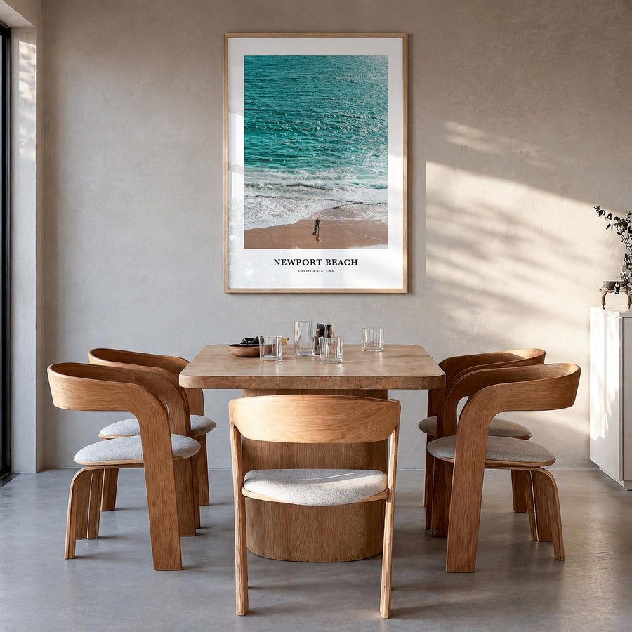 Newport Beach colorful classic poster of California, USA – vertical wall art in natural wood frame, hanging on wall