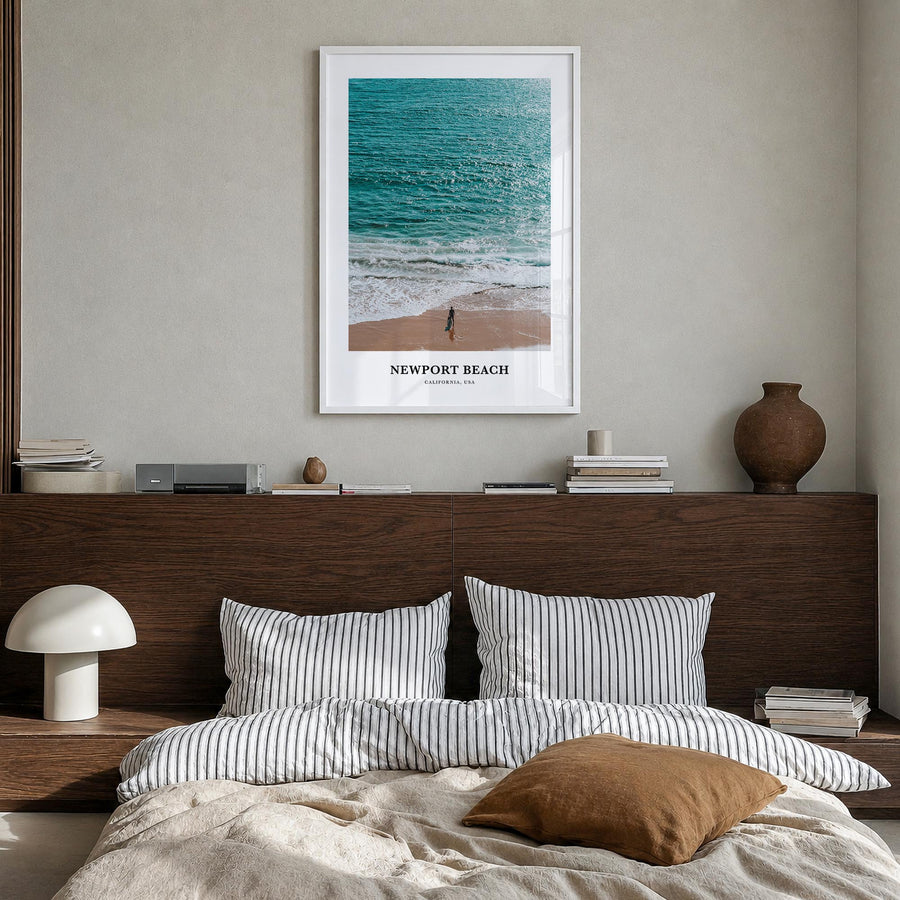 Newport Beach colorful classic poster of California, USA – vertical wall art in white wood frame, hanging on wall