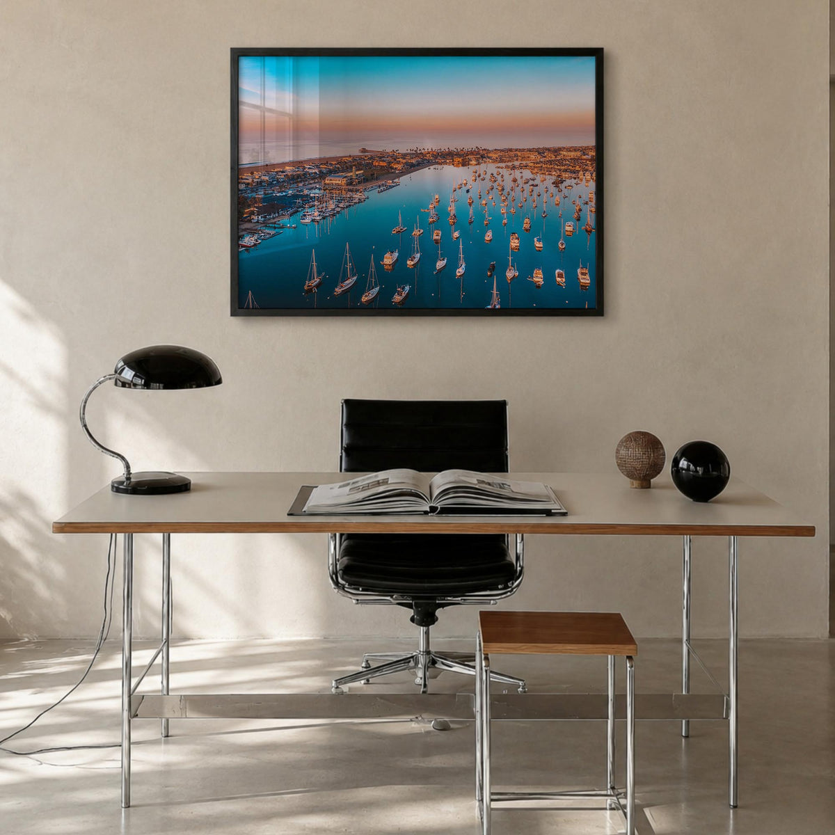 Newport Beach colorful photo poster of California, USA – horizontal wall art in black wood frame, hanging on wall