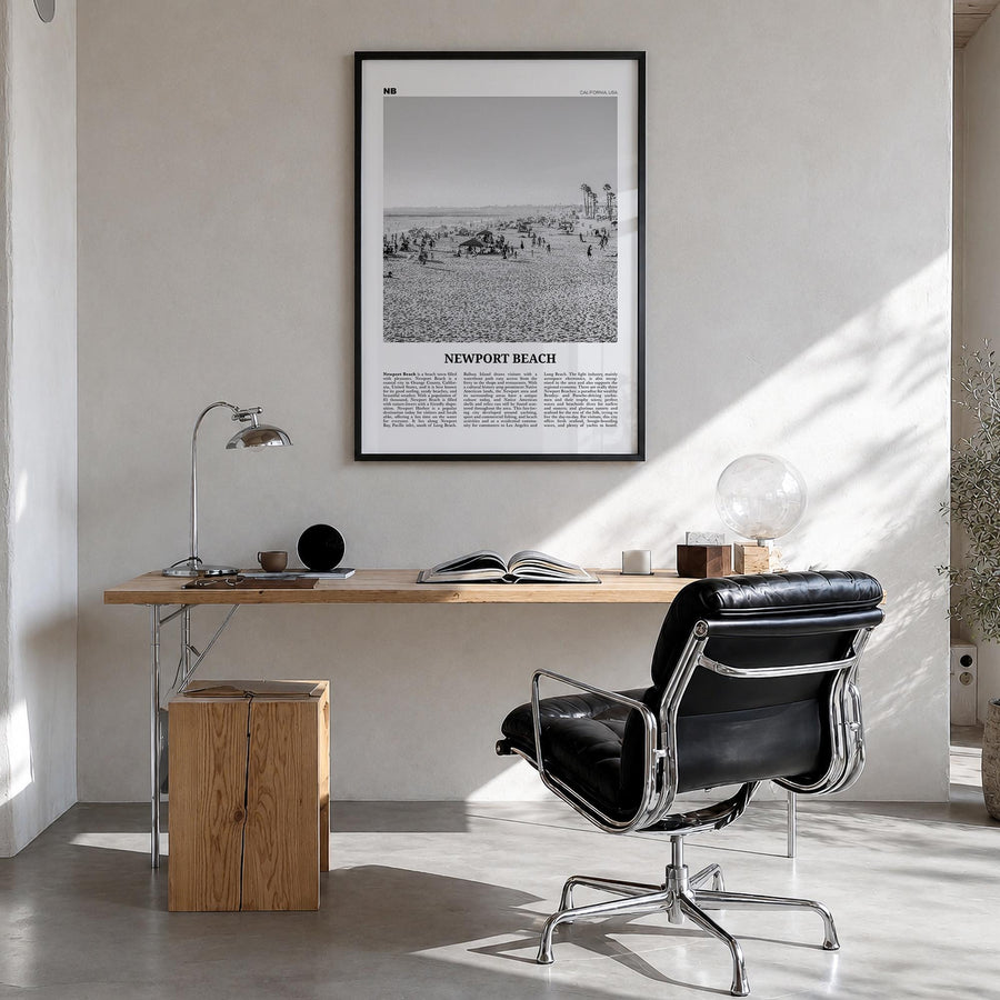 Newport Beach no. 1 black & white newspaper poster of California, USA – vertical wall art in black wood frame, hanging on wal