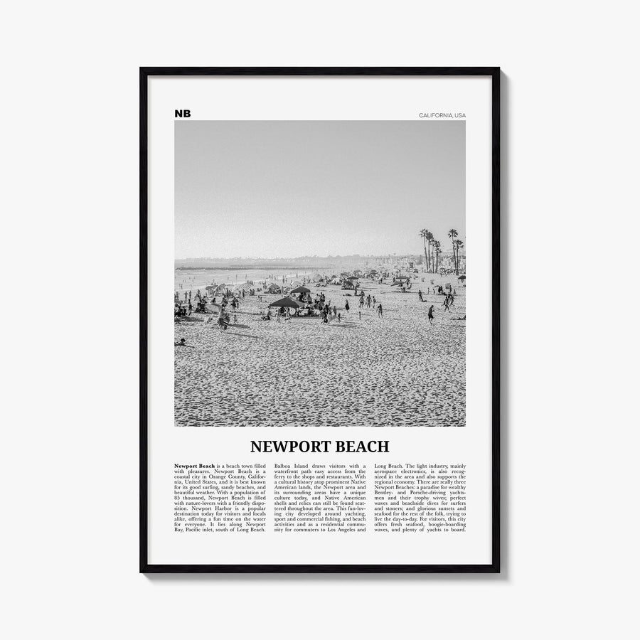 Newport Beach no. 1 black & white newspaper poster of California, USA – vertical wall art, unframed print shown in interior m
