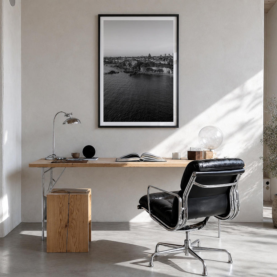Newport Beach no. 1 black & white photo poster of California, USA – vertical wall art in black wood frame with white border, 