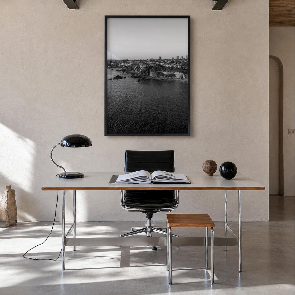 Newport Beach no. 1 black & white photo poster of California, USA – vertical wall art in black wood frame, hanging on wall