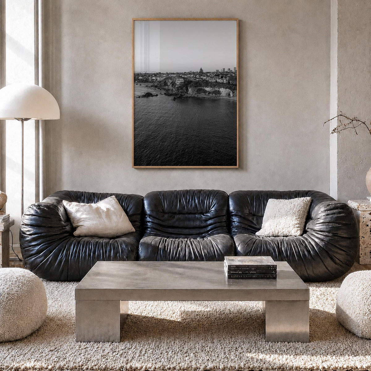 Newport Beach no. 1 black & white photo poster of California, USA – vertical wall art in natural wood frame, hanging on wall