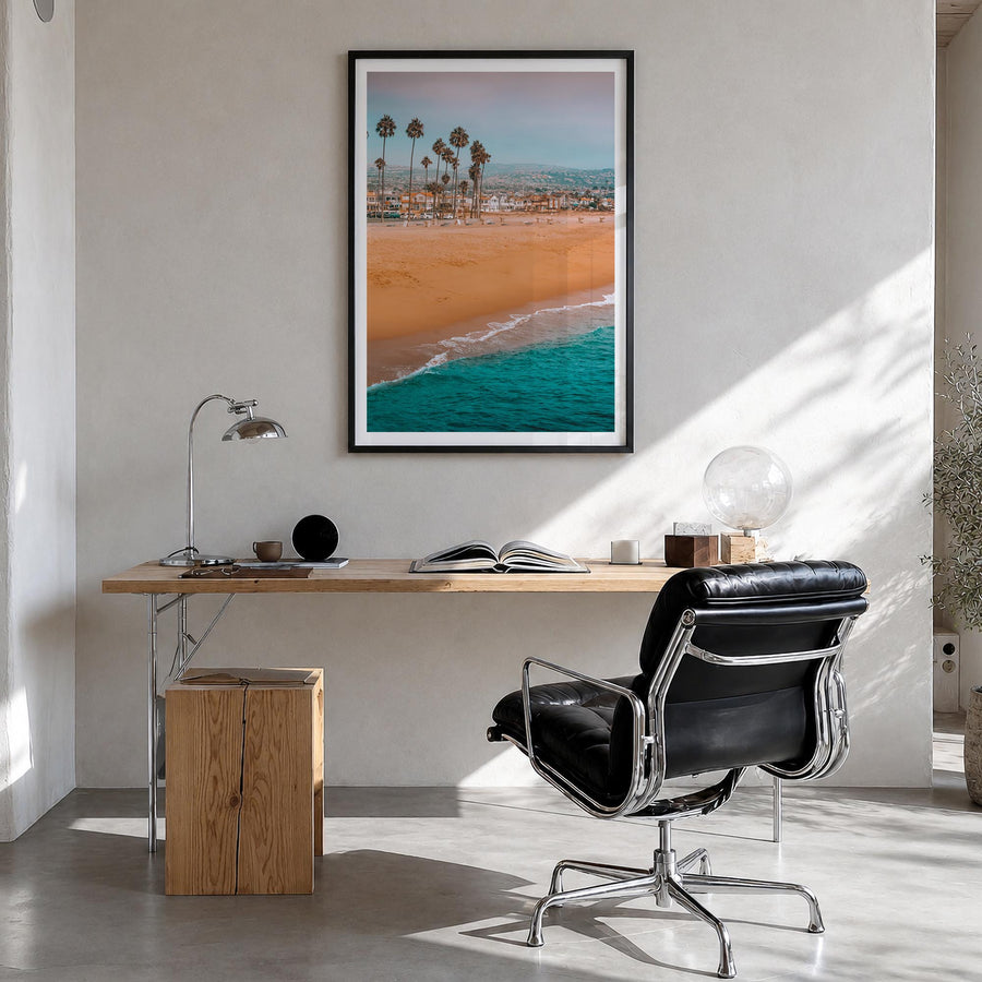 Newport Beach no. 1 colorful photo poster of California, USA – vertical wall art in black wood frame with white border, hangi
