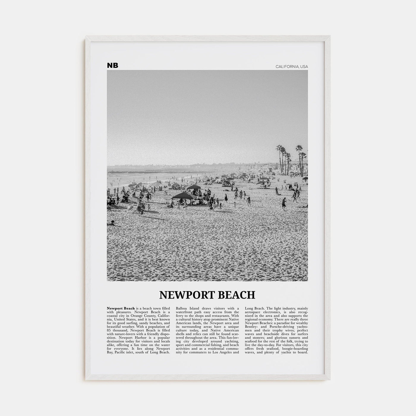 Newport Beach No 1 Poster White Wood / 8x12 in Nbourhood Travel B&W Poster